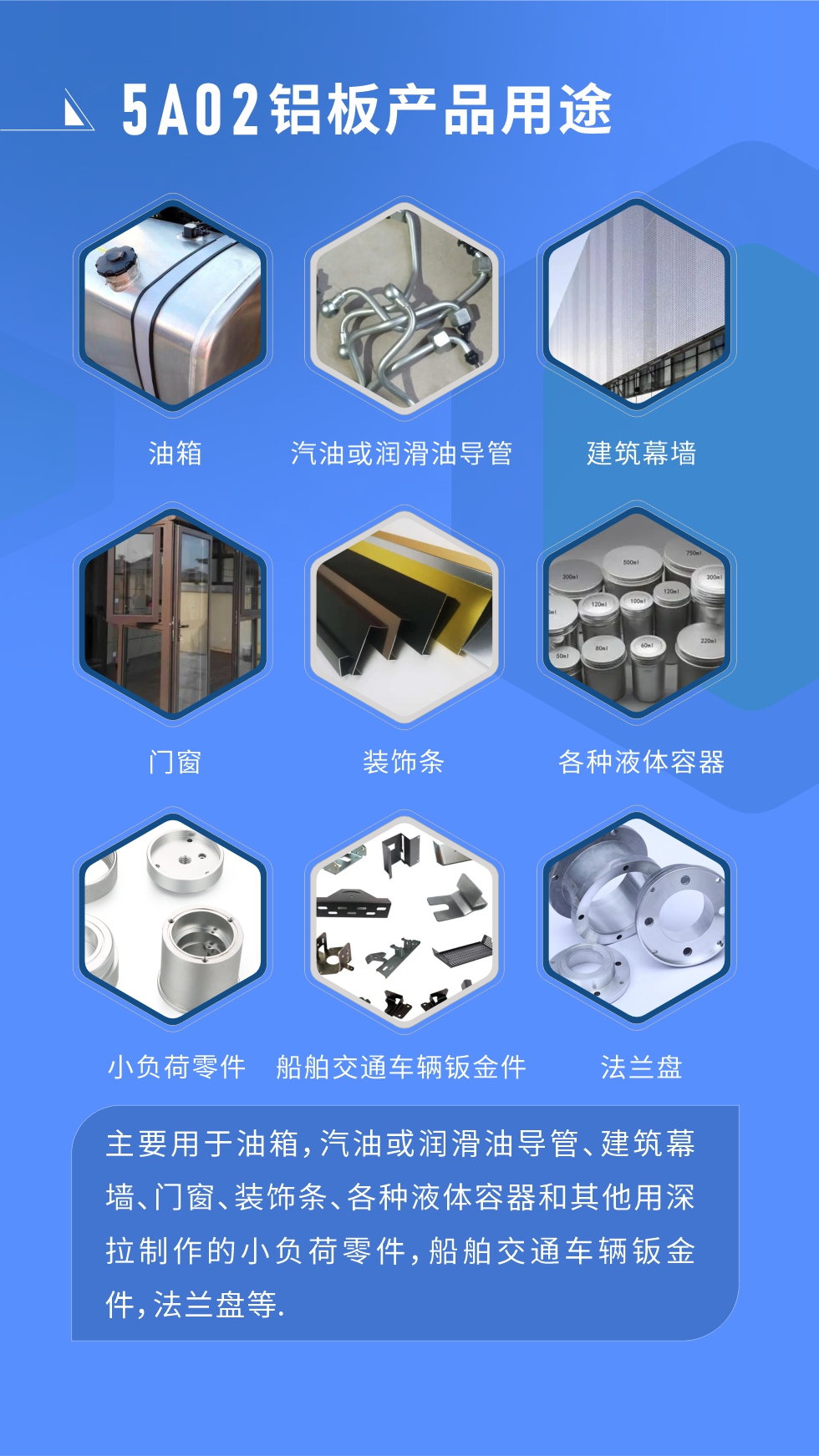 5A02鋁板產(chǎn)品用途:
主要用于油箱，汽油或潤(rùn)滑油導(dǎo)管、建筑幕墻、門窗、裝飾條、各種液體容器和其他用深拉制作的小負(fù)荷零件，船舶交通車輛鈑金件，法蘭盤等.
