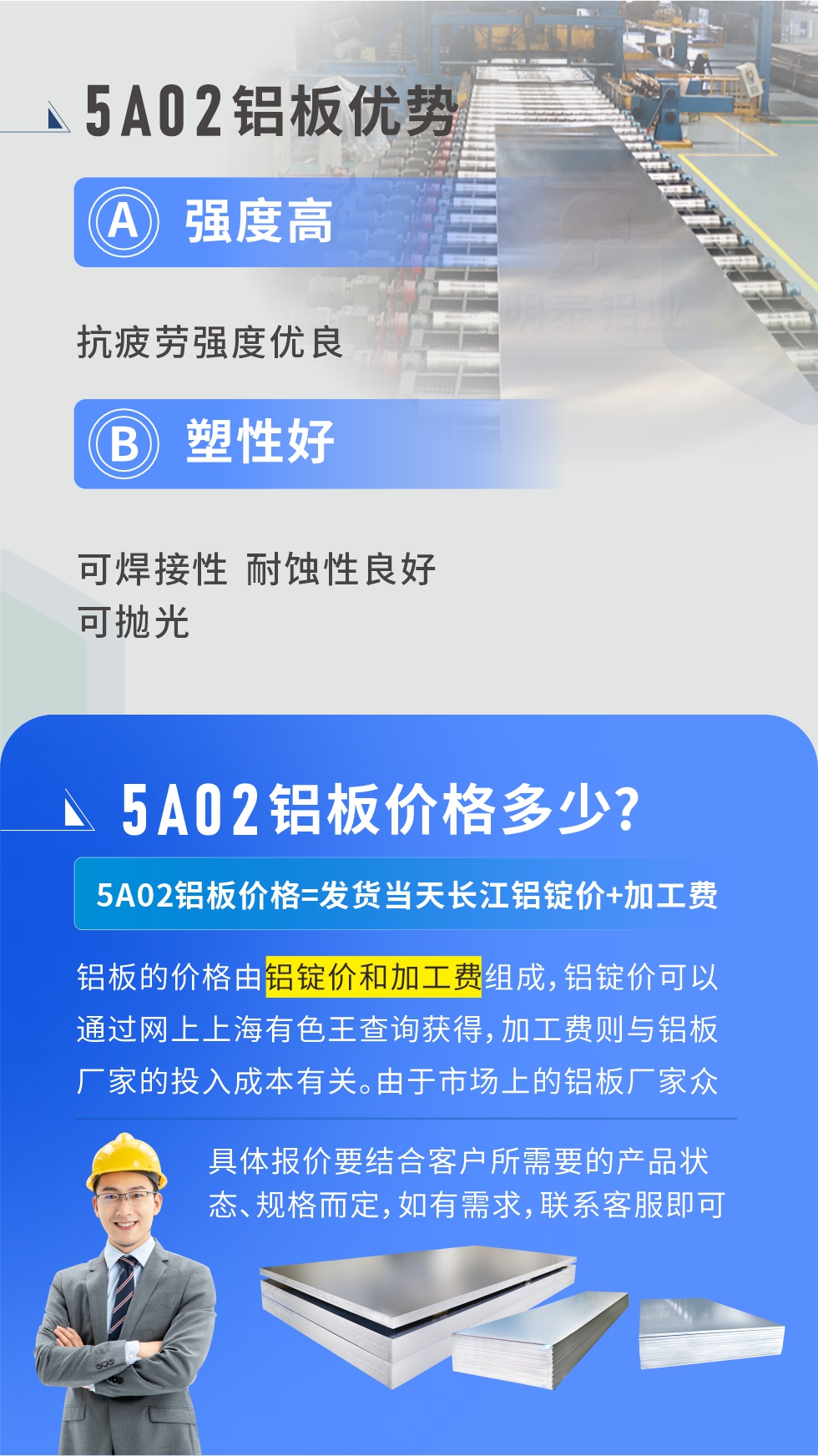 5A02產(chǎn)品優(yōu)勢(shì):強(qiáng)度高、抗疲勞強(qiáng)度優(yōu)良、塑性好、可焊接性、耐蝕性良好、可拋光。5A02鋁板價(jià)格多少？5A02鋁板價(jià)格=發(fā)貨當(dāng)天長(zhǎng)江鋁錠價(jià)+加工費(fèi)；
鋁板的價(jià)格由鋁錠價(jià)和加工費(fèi)組成，鋁錠價(jià)可以通過網(wǎng)上上海有色王查詢獲得，加工費(fèi)則與鋁板廠家的投入成本有關(guān)。由于市場(chǎng)上的鋁板廠家眾多，再加上5a05鋁板具有不同的狀態(tài)和規(guī)格，每個(gè)廠家、每個(gè)狀態(tài)的報(bào)價(jià)也都是不一樣的。具體報(bào)價(jià)要結(jié)合客戶所需要的產(chǎn)品狀態(tài)、規(guī)格而定，如有需求，聯(lián)系客服即可安排業(yè)務(wù)經(jīng)理為您報(bào)價(jià)。點(diǎn)擊在線咨詢。

