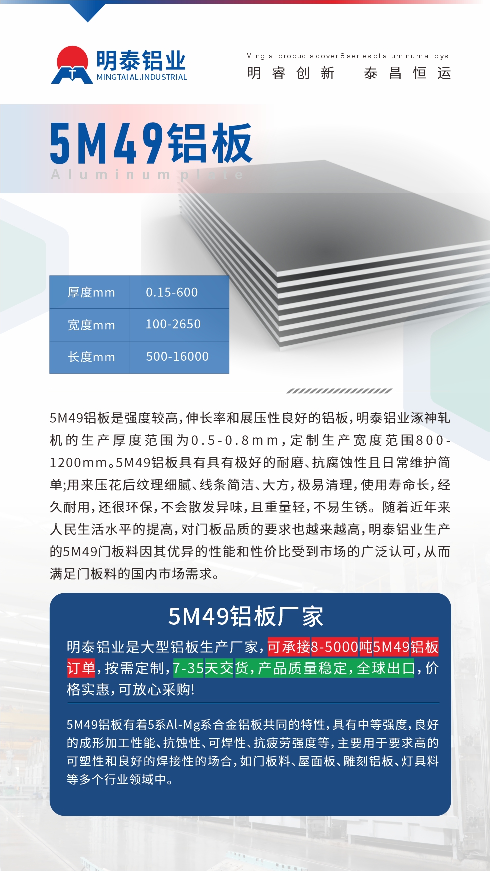 5M49鋁板是強(qiáng)度較高，伸長(zhǎng)率和展壓性良好的鋁板，明泰鋁業(yè)涿神軋機(jī)的生產(chǎn)厚度范圍為0.5-0.8mm，定制生產(chǎn)寬度范圍800-1200mm。5M49鋁板具有具有極好的耐磨、抗腐蝕性且日常維護(hù)簡(jiǎn)單;用來(lái)壓花后紋理細(xì)膩、線(xiàn)條簡(jiǎn)潔、大方，極易清理，使用壽命長(zhǎng)，經(jīng)久耐用，還很環(huán)保，不會(huì)散發(fā)異味，且重量輕，不易生銹。 隨著近年來(lái)人民生活水平的提高，對(duì)門(mén)板品質(zhì)的要求也越來(lái)越高，明泰鋁業(yè)生產(chǎn)的5M49門(mén)板料因其優(yōu)異的性能和性?xún)r(jià)比受到市場(chǎng)的廣泛認(rèn)可，從而滿(mǎn)足門(mén)板料的國(guó)內(nèi)市場(chǎng)需求。
