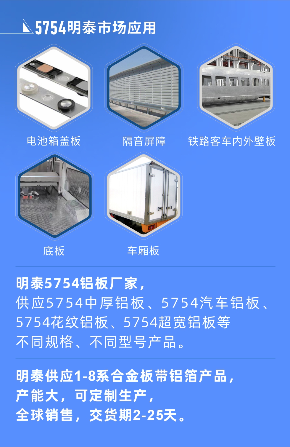 明泰5754鋁板優(yōu)勢

　　1、可焊接性能強(qiáng)，焊接裂縫的傾向低，焊縫和基體金屬的強(qiáng)度高。

　　2、表面的氧化物較少，軋制板材的表面質(zhì)量好，光滑無裂紋，無腐蝕斑點(diǎn)和硝鹽痕跡。

　　3、5754鋁板屬于中高強(qiáng)度的鋁合金，疲勞性能和耐腐蝕性能好。

　　4、可根據(jù)客戶需求定制不同厚度、不同版型的5754鋁板產(chǎn)品。

　　5754鋁板生產(chǎn)以及包裝要求
　　1、表面不允許有裂紋、腐蝕斑點(diǎn)和硝鹽痕跡。

　　2、表面上允許有深度不超過缺陷所在部位壁厚公稱尺寸8%的起皮、氣泡、表面粗超和局部機(jī)械損傷，但缺陷深度不能超過0.5mm,缺陷總面積不超過板材總面積的5%。

　　3、允許供貨方沿型材縱向打光至表面光滑。

　　4、其他要求：有需求方和供貨方自己擬定。

