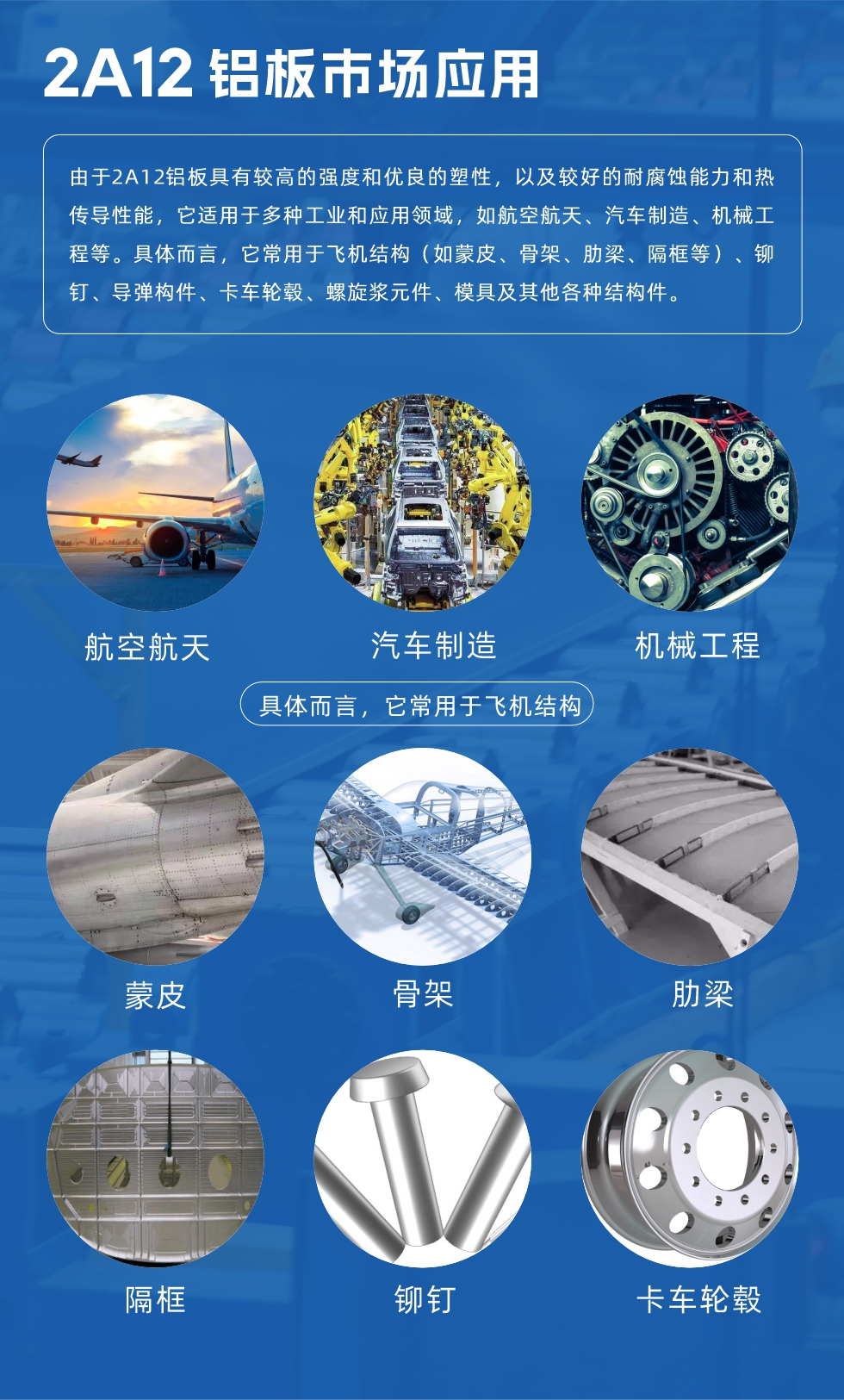 2A12鋁板產(chǎn)品用途

由于2A12鋁板具有較高的強度和優(yōu)良的塑性，以及較好的耐腐蝕能力和熱傳導(dǎo)性能，它適用于多種工業(yè)和應(yīng)用領(lǐng)域，如航空航天、汽車制造、機械工程等。具體而言，它常用于飛機結(jié)構(gòu)（如蒙皮、骨架、肋梁、隔框等）、鉚釘、導(dǎo)彈構(gòu)件、卡車輪轂、螺旋漿元件、模具及其他各種結(jié)構(gòu)件。
