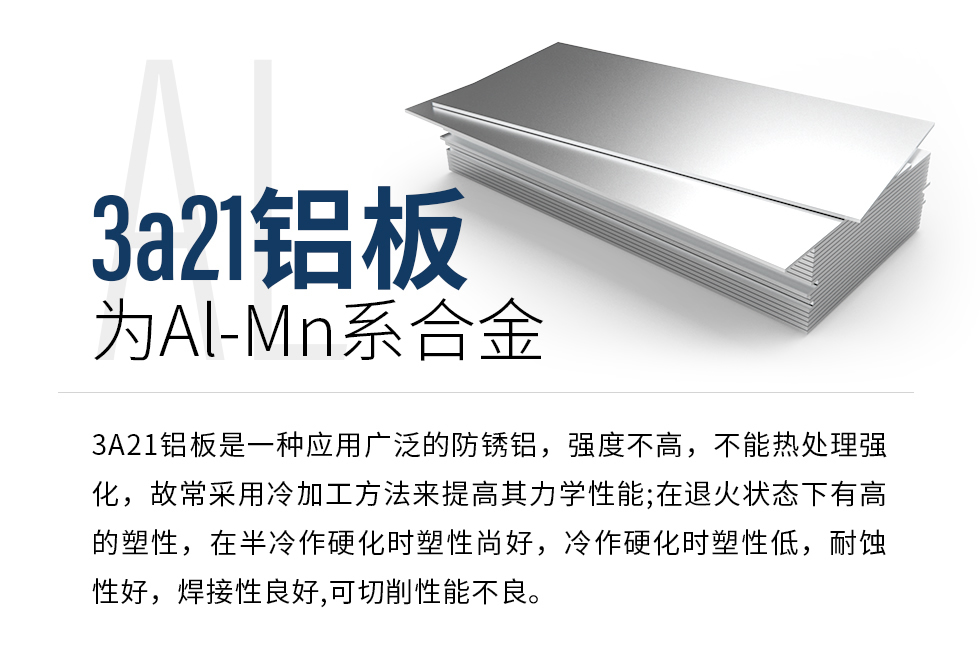 3a21鋁板為Al-Mn系合金，3A21鋁板是一種應用廣泛的防銹鋁，強度不高，不能熱處理強化，故常采用冷加工方法來提高其力學性能;在退火狀態(tài)下有高的塑性，在半冷作硬化時塑性尚好，冷作硬化時塑性低，耐蝕性好，焊接性良好,可切削性能不良。